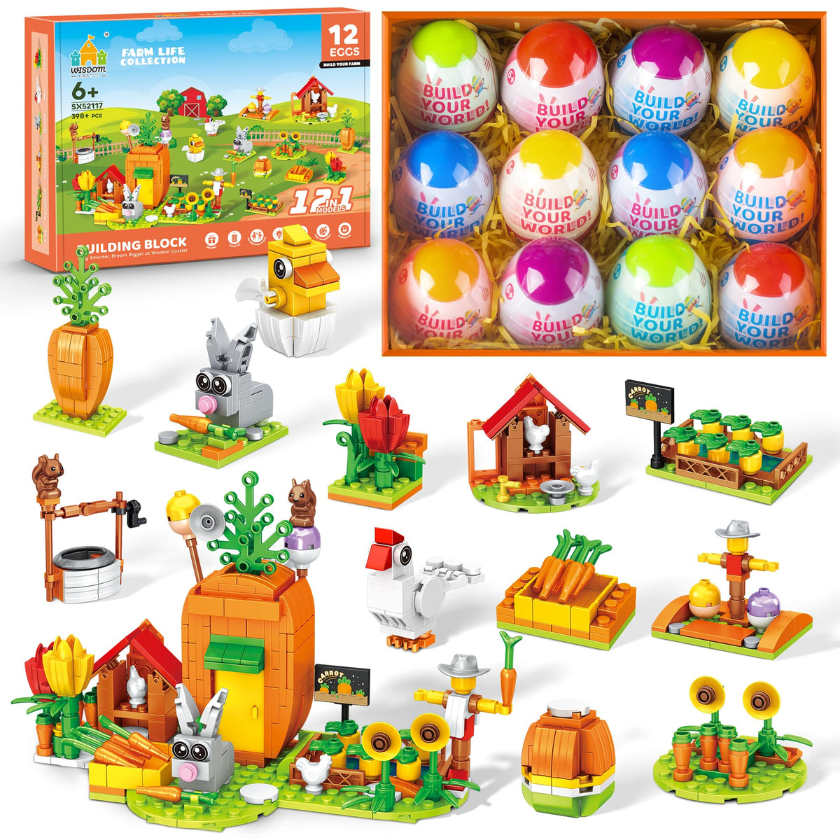 Wisdom Castle Easter Bunny Carrot House with colorful blocks for imaginative farm play