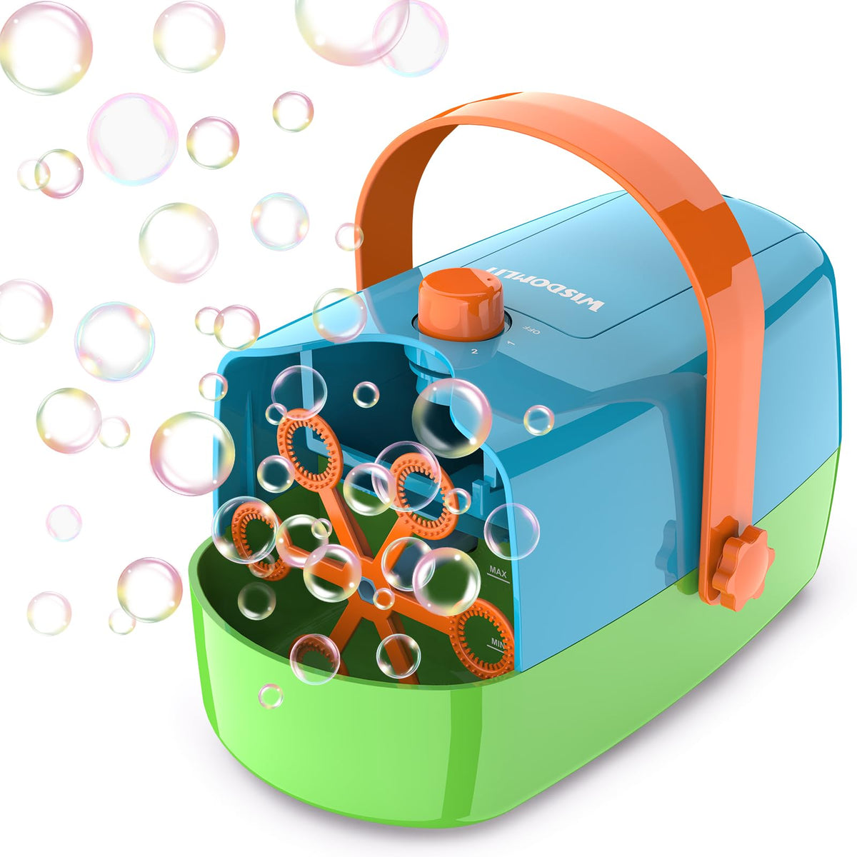 Wisdomlit Bubble Machine with 3in1 wheels for versatile bubble sizes and playful setups.