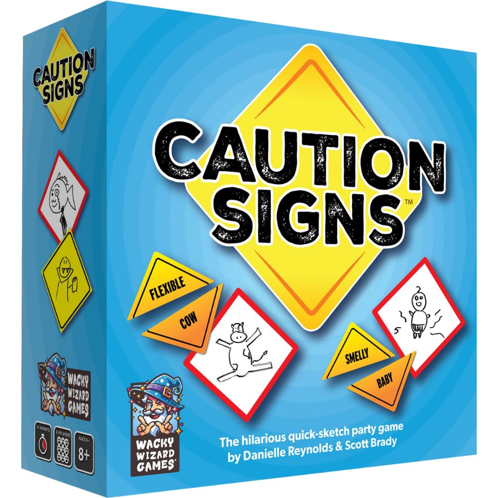 Wise Wizard Games Caution Signs card deck for fast-paced party fun and creative warnings.