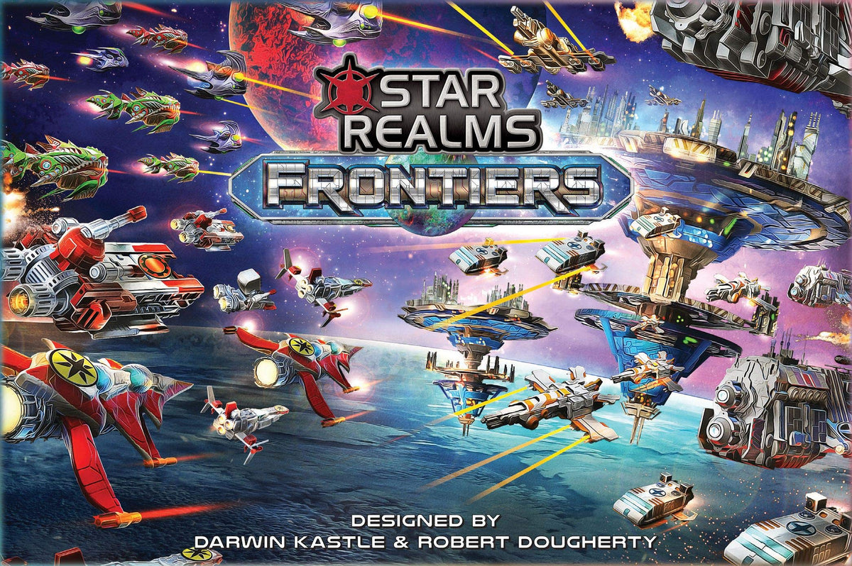 WISE WIZARD GAMES Star Realms Frontiers Boxed Set on gameplay table showcasing 80-card deck for fast matches