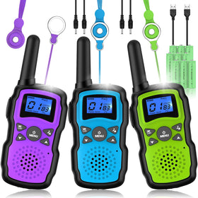 Wishouse walkie talkies trio on table showcasing rechargeable design for playtime