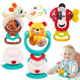 WITALENT 3pc red fish suction rattle on high chair, engaging baby during meals.