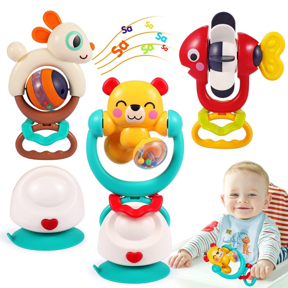 WITALENT 3pc red fish suction rattle on high chair, engaging baby during meals.