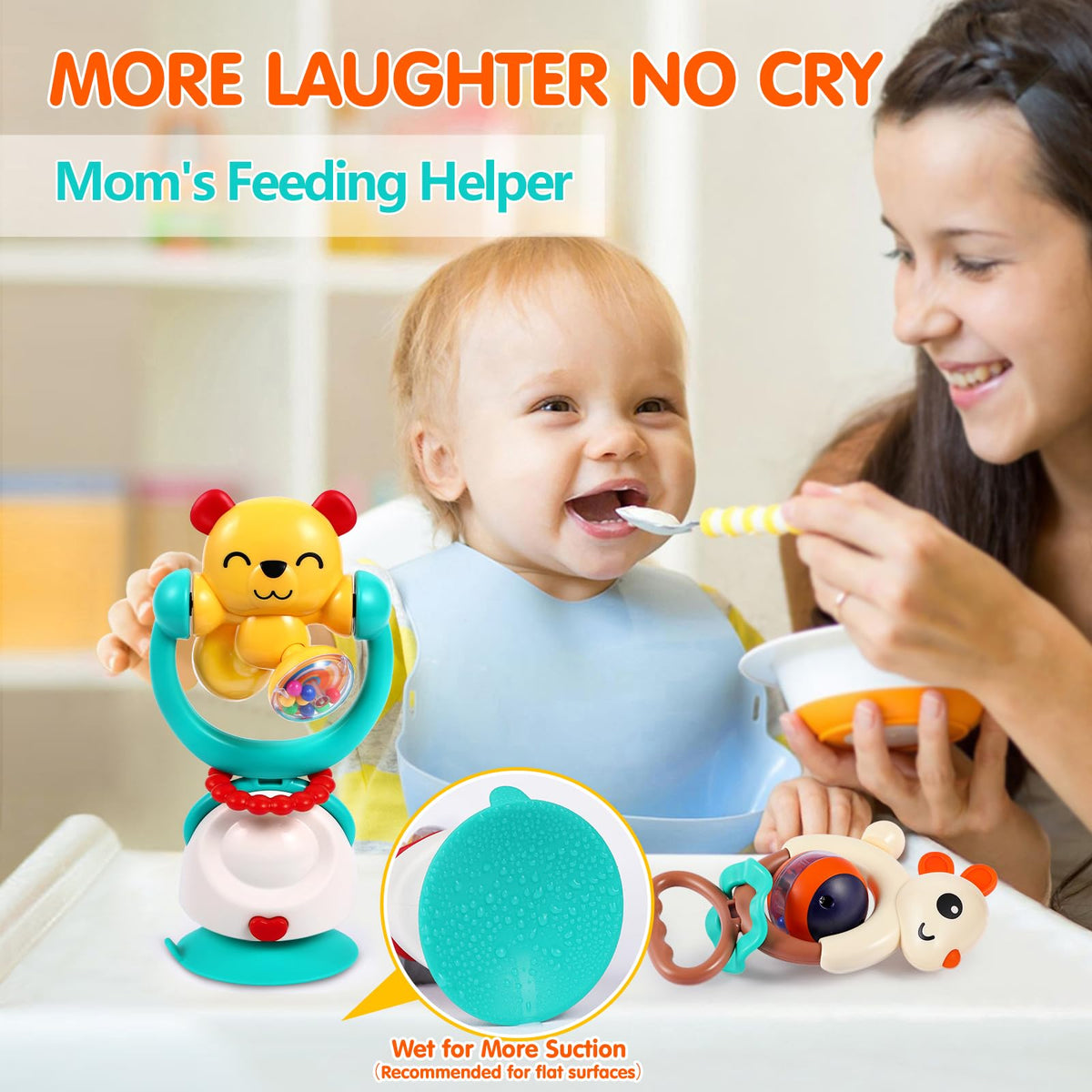 WITALENT 3pc yellow bear suction rattle captures baby attention at snack time.