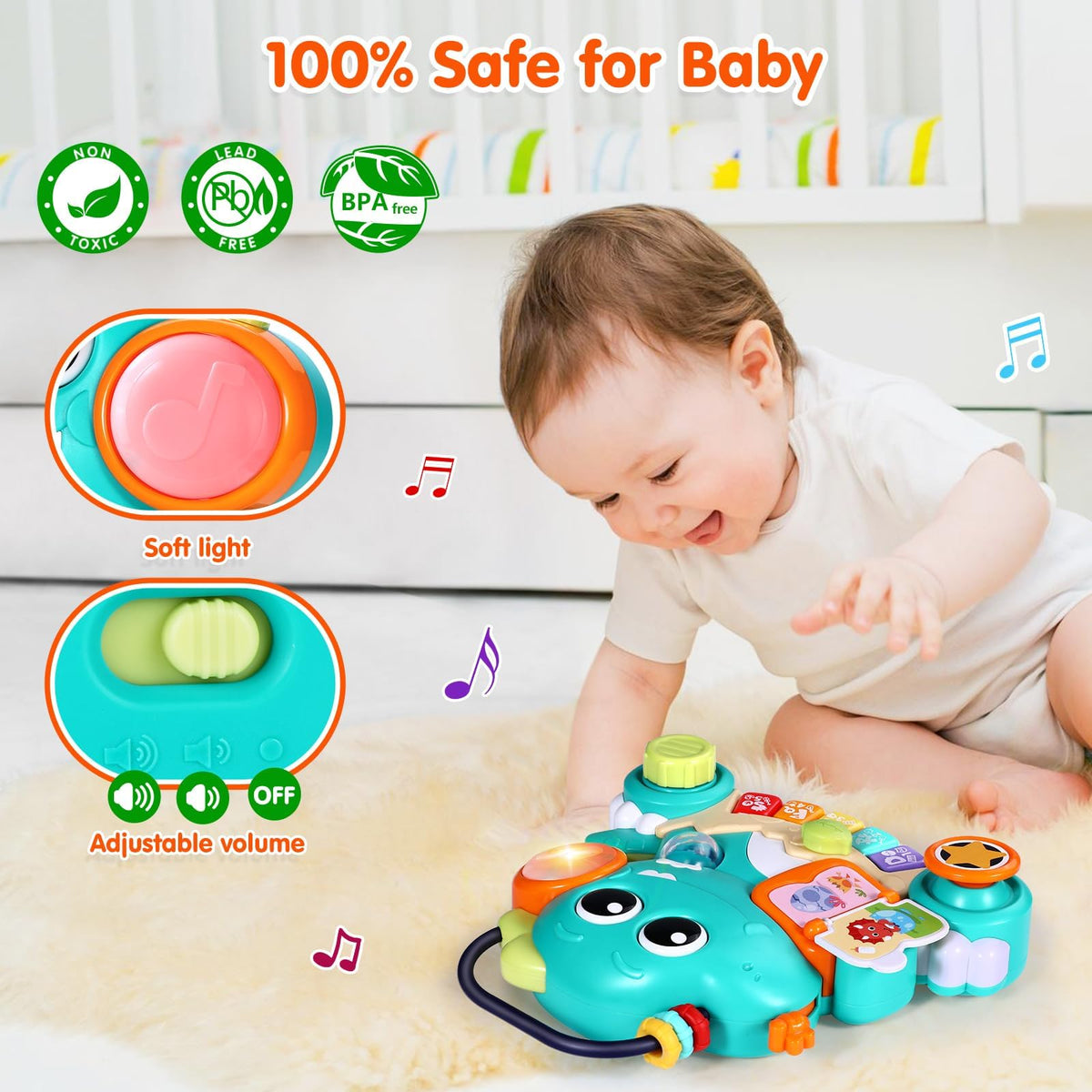 WITALENT dinosaur piano light-up toy designed for on-the-go play with a portable handle