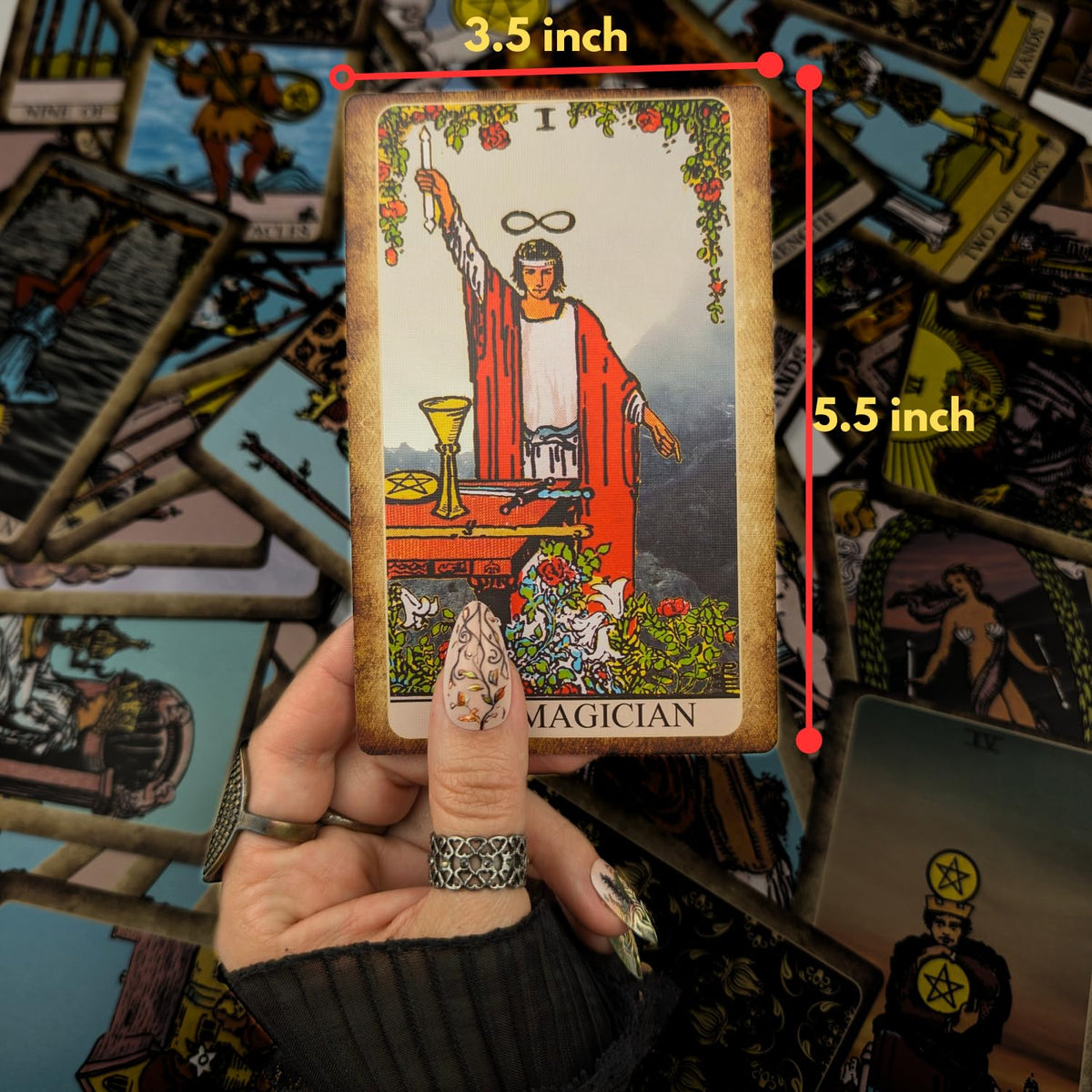 Witchy Cauldron large tarot deck laid out in a spread with detailed imagery for interpretation