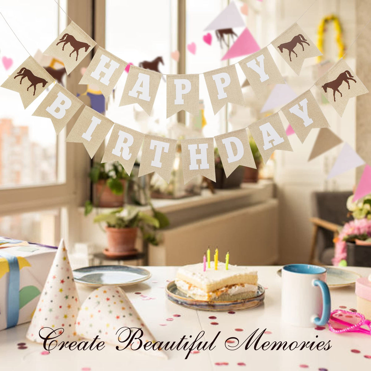 Assembled horse birthday setup by With Luxe & Love creates warm party atmosphere.