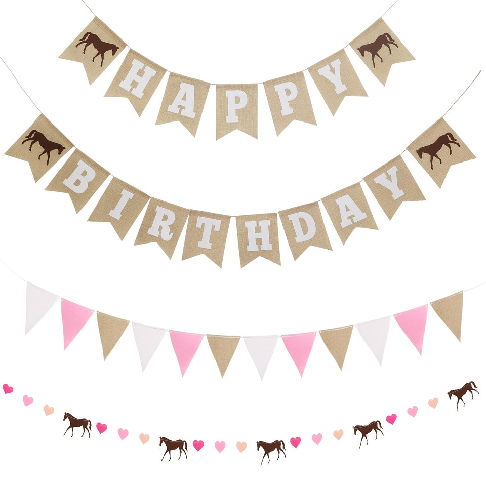 With Luxe & Love Happy Birthday Banner, two-piece display creates cohesive horse-themed backdrop for parties.