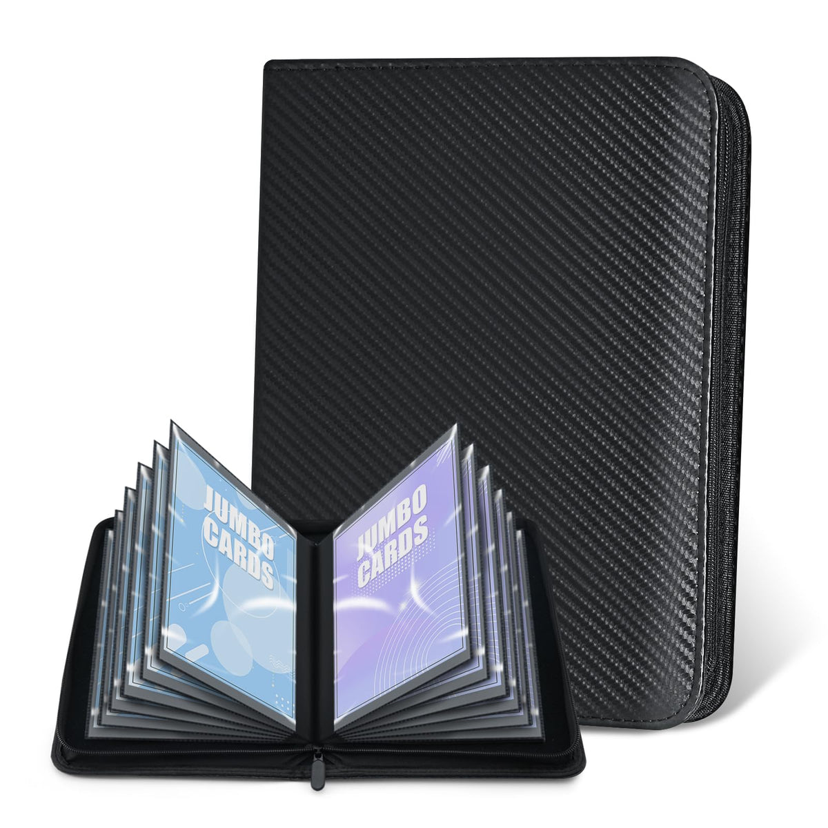 WITHYU jumbo card binder carbon black cover holds oversized cards in 60 pockets.