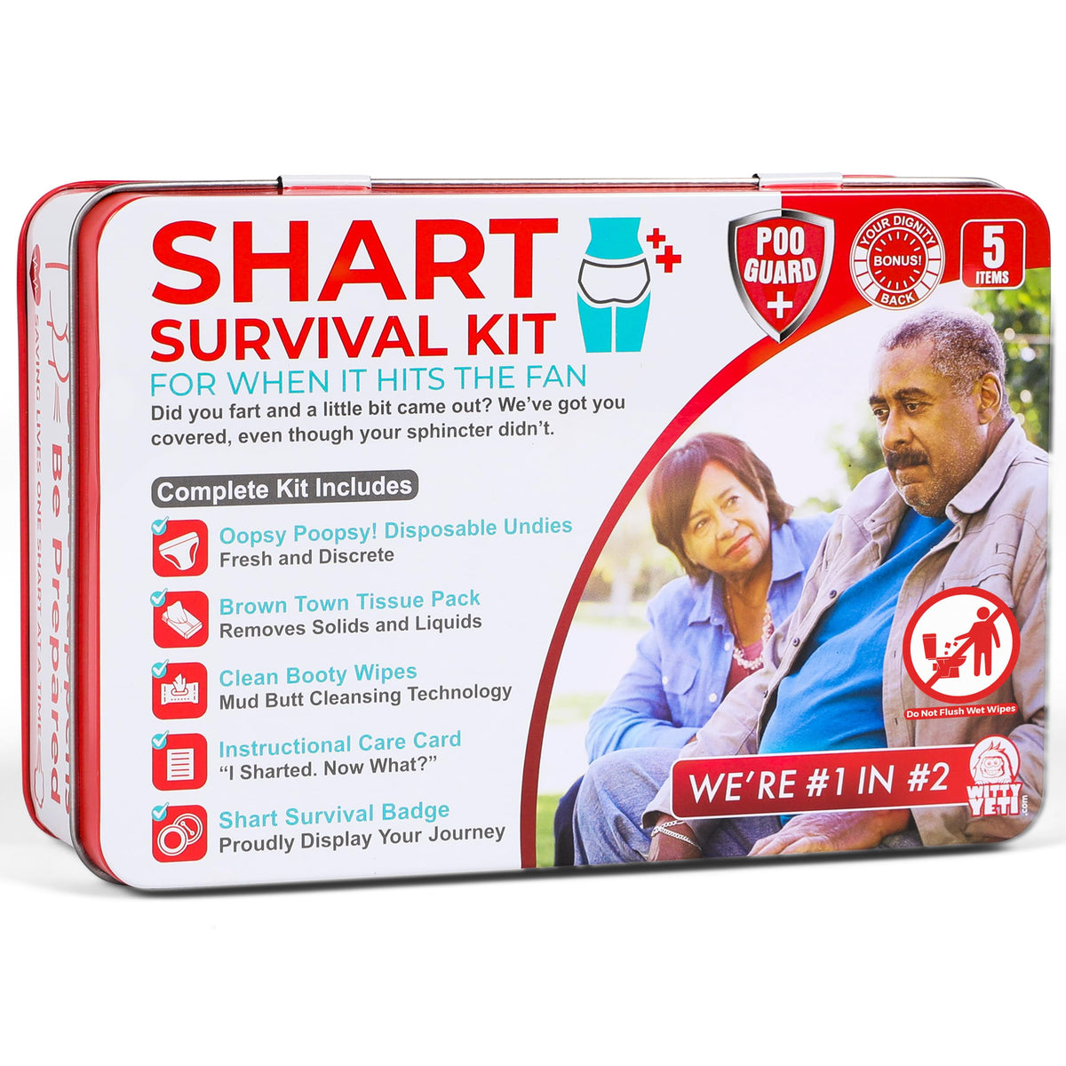 Witty Yeti funny shart survival kit packaging shows convenient gag gift for parties