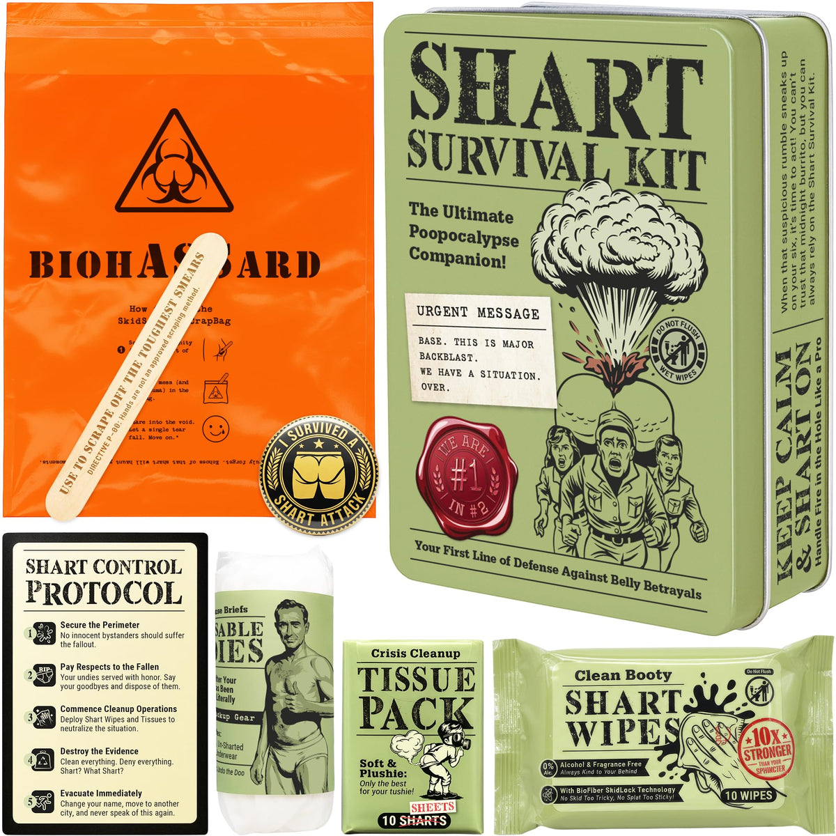 Witty Yeti Shart Survival Kit tin close-up, rugged metal case ready for a humorous emergency.