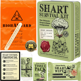 Witty Yeti Shart Survival Kit tin close-up, rugged metal case ready for a humorous emergency.