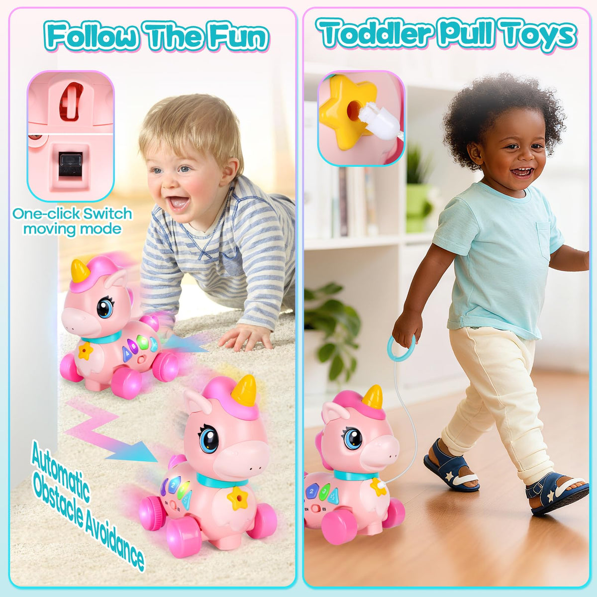 Self-moving WixbFyn unicorn toy encourages crawling and exploration
