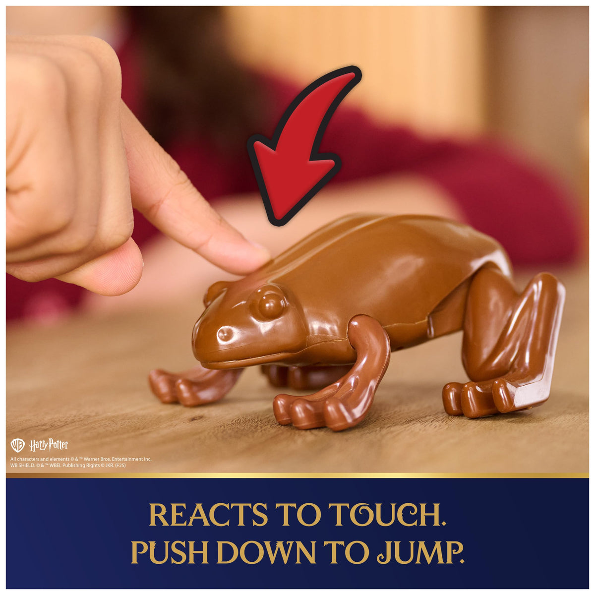 Wizarding World Chocolate Frog sound effects accompany each jump for immersive play.