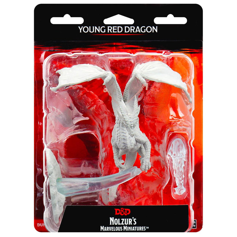 WizKids Young Red Dragon miniature front view, ready to paint for tabletop play.