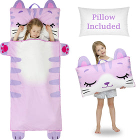 Wizland kids sleeping bag with cat pattern, a cozy nap mat for daycare and preschool.