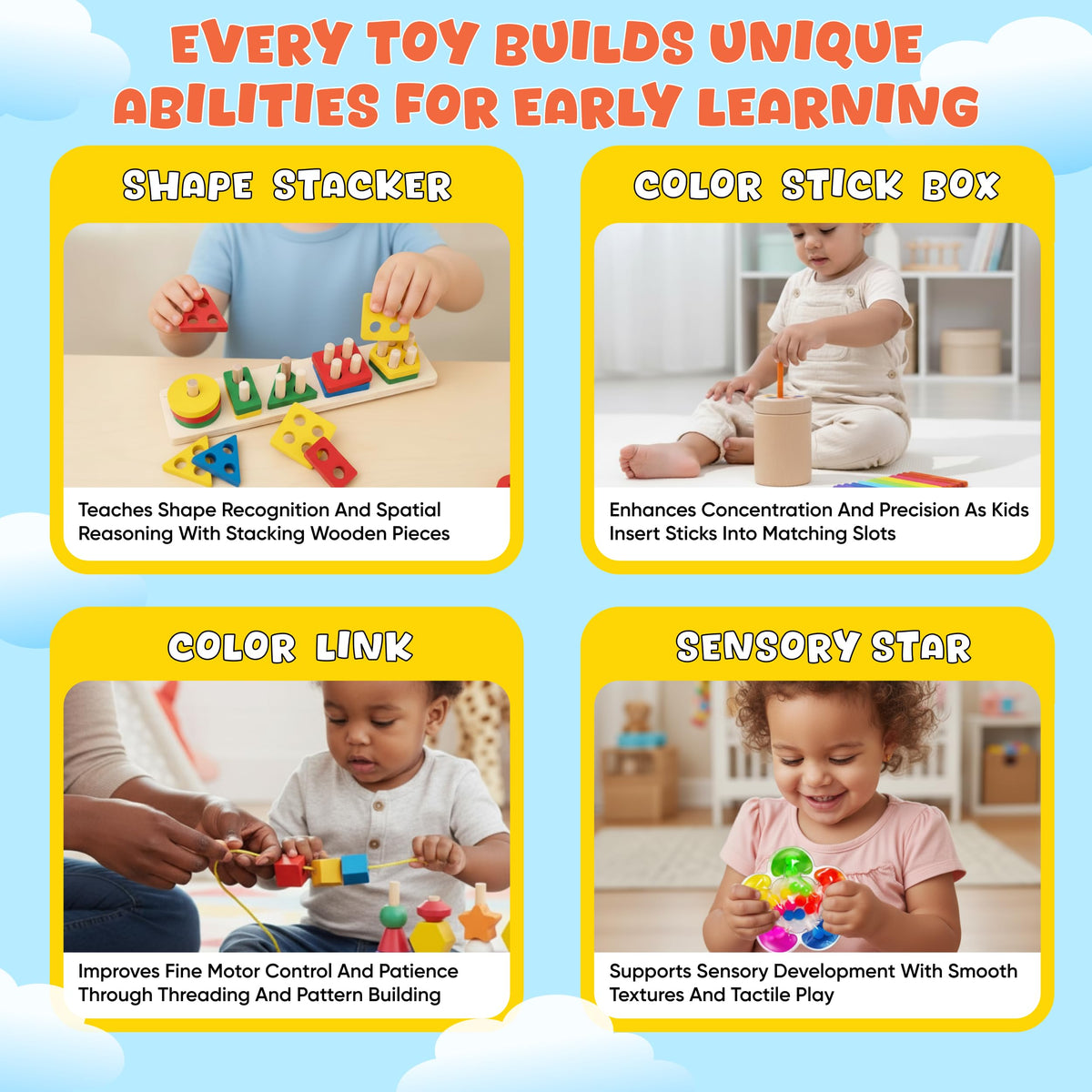 WIZZLY 8-in-1 Busy Hands shape sorter supports problem solving and spatial sense.