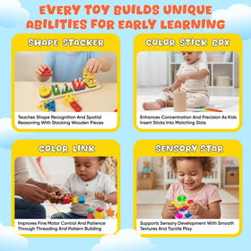 WIZZLY 8-in-1 Busy Hands shape sorter supports problem solving and spatial sense.