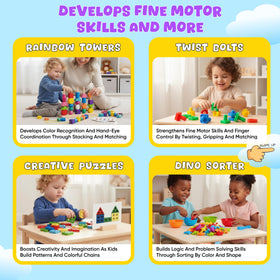 WIZZLY 8-in-1 Busy Hands stacking toys boost building and motor control.