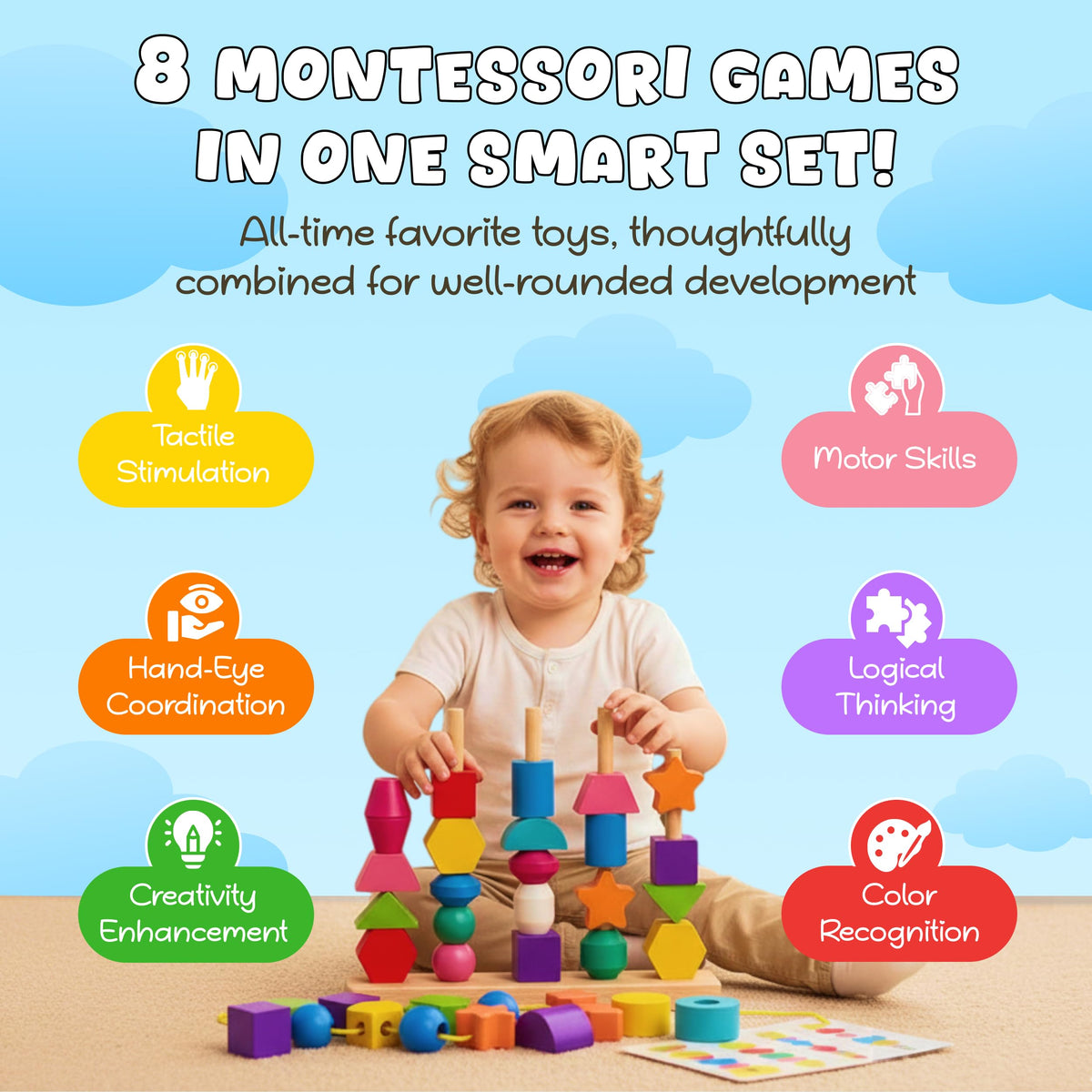 WIZZLY 8-in-1 Busy Hands threading toy refines hand-eye precision during play.
