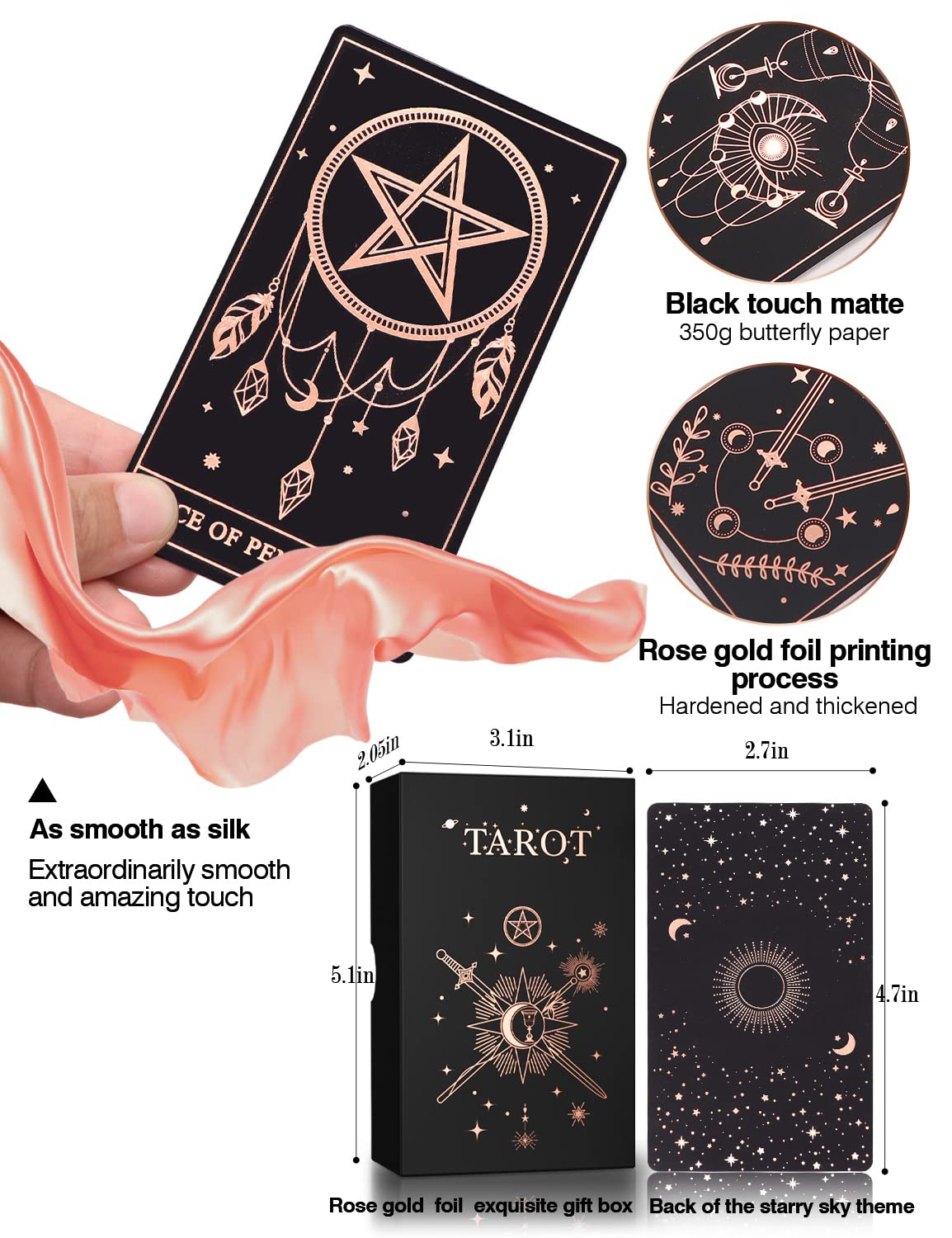 WJPC rose gold foil tarot deck back featuring starry sky design for a dreamy vibe.