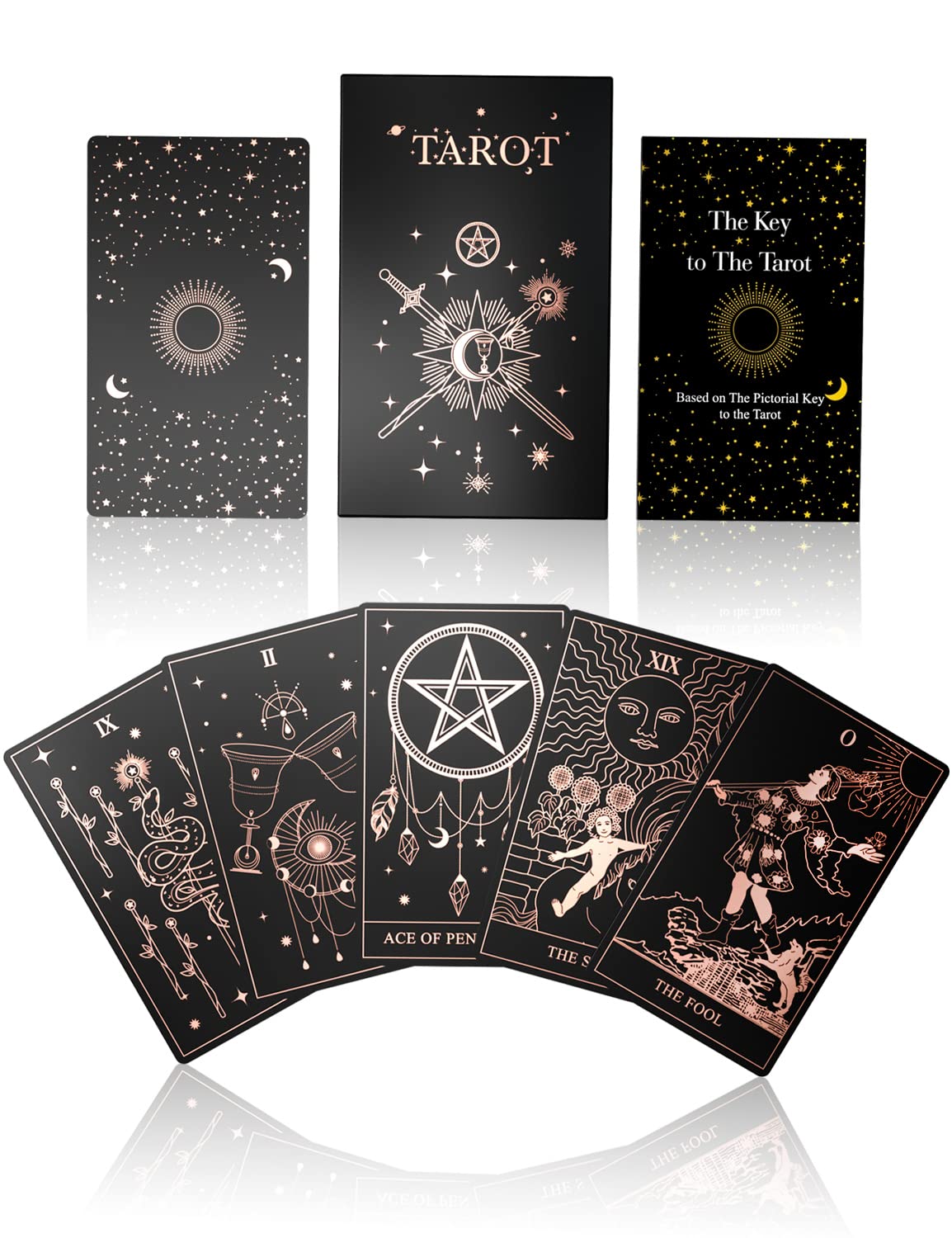 WJPC rose gold foil tarot deck front cards with refined details for divination sessions.