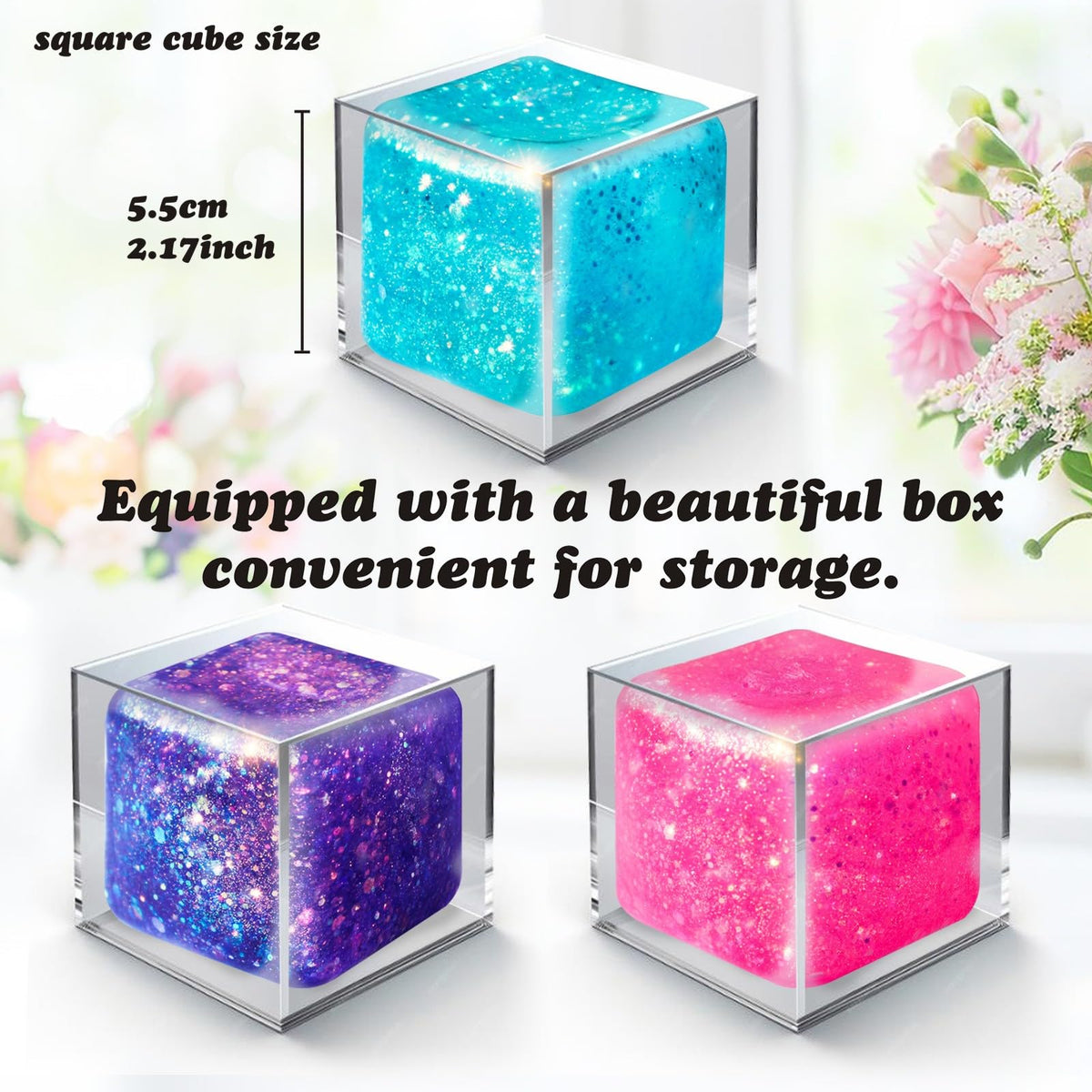 WLVGR purple glitter stress cube accentuates sensory play and desk decor.