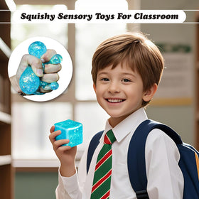 WLVGR glitter stress cubes on a desk promote focus during challenging tasks.