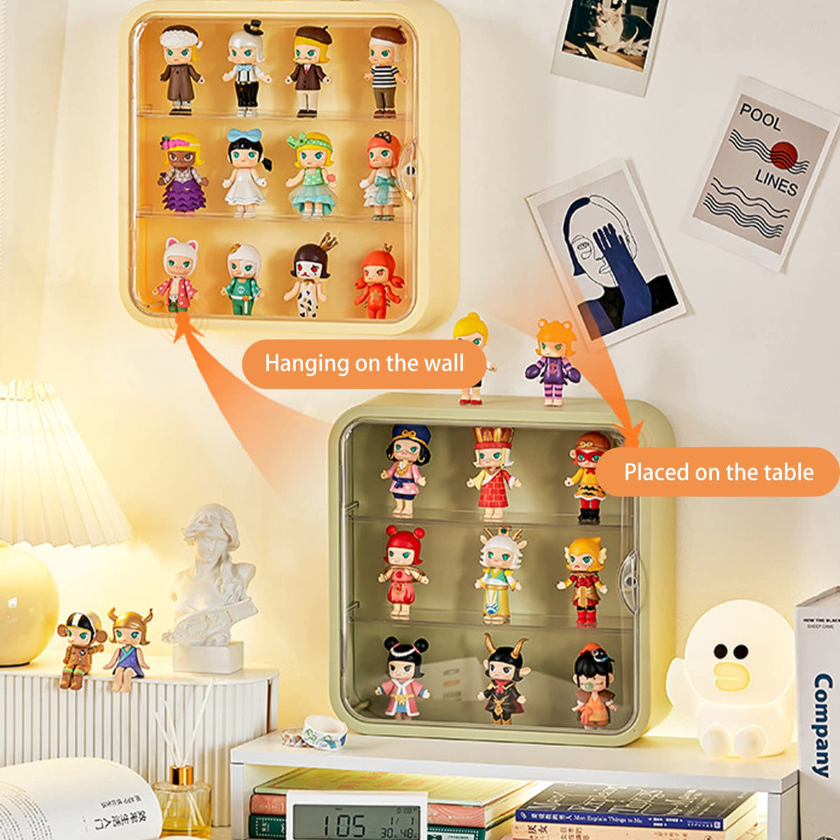 WMM wall-mount display case dustproof panel highlights clear viewing of figures.