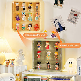 WMM wall-mount display case dustproof panel highlights clear viewing of figures.