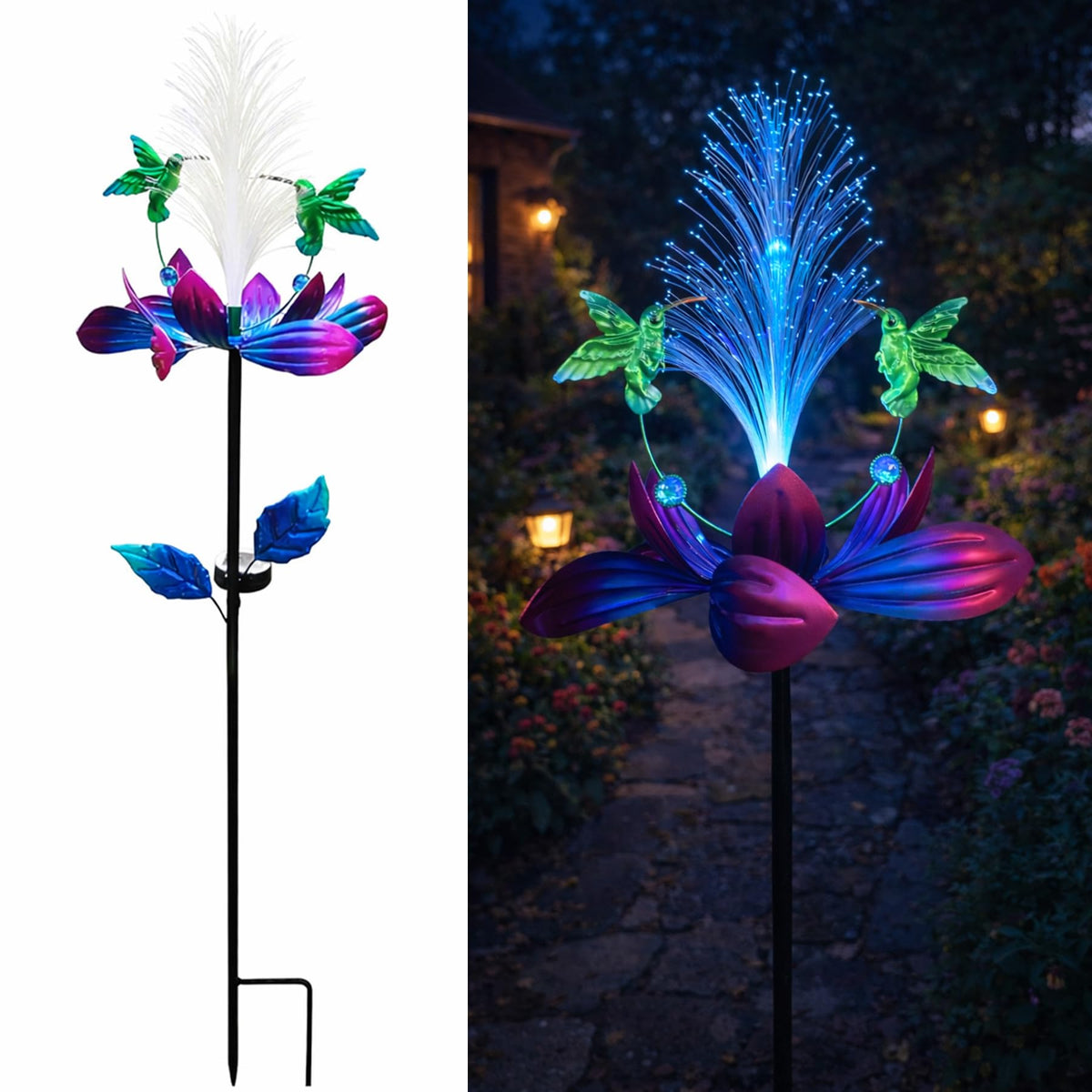 WNXURT solar hummingbird wind spinner with hummingbirds and lotus for lively garden motion