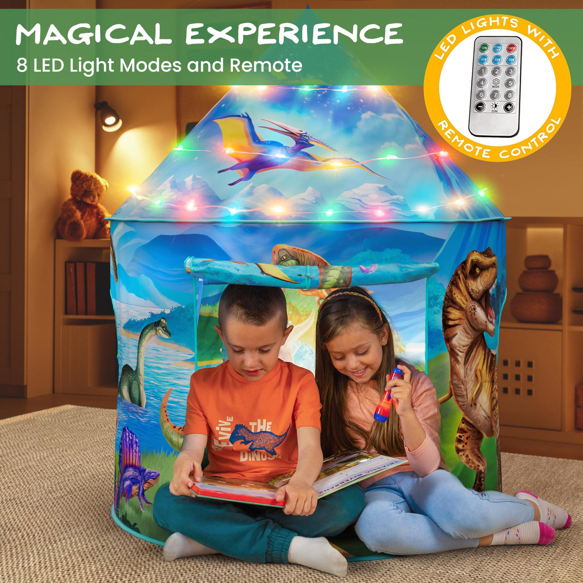 W&O Dino Paradise tent includes six bonus dino toys for imaginative play