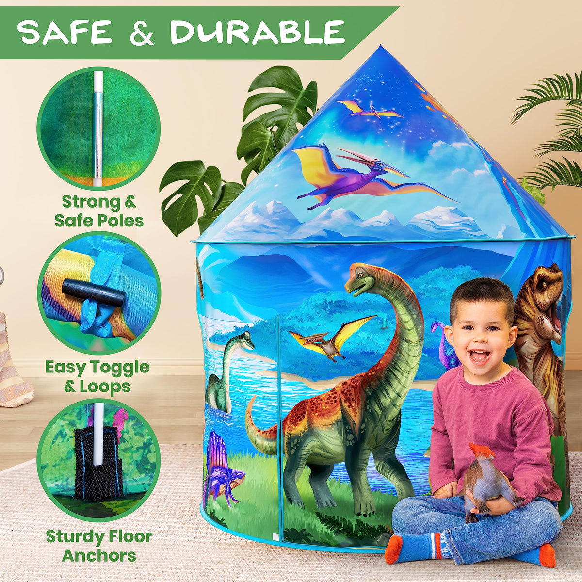 W&O Dino Paradise tent easy setup and simple cleaning for busy households