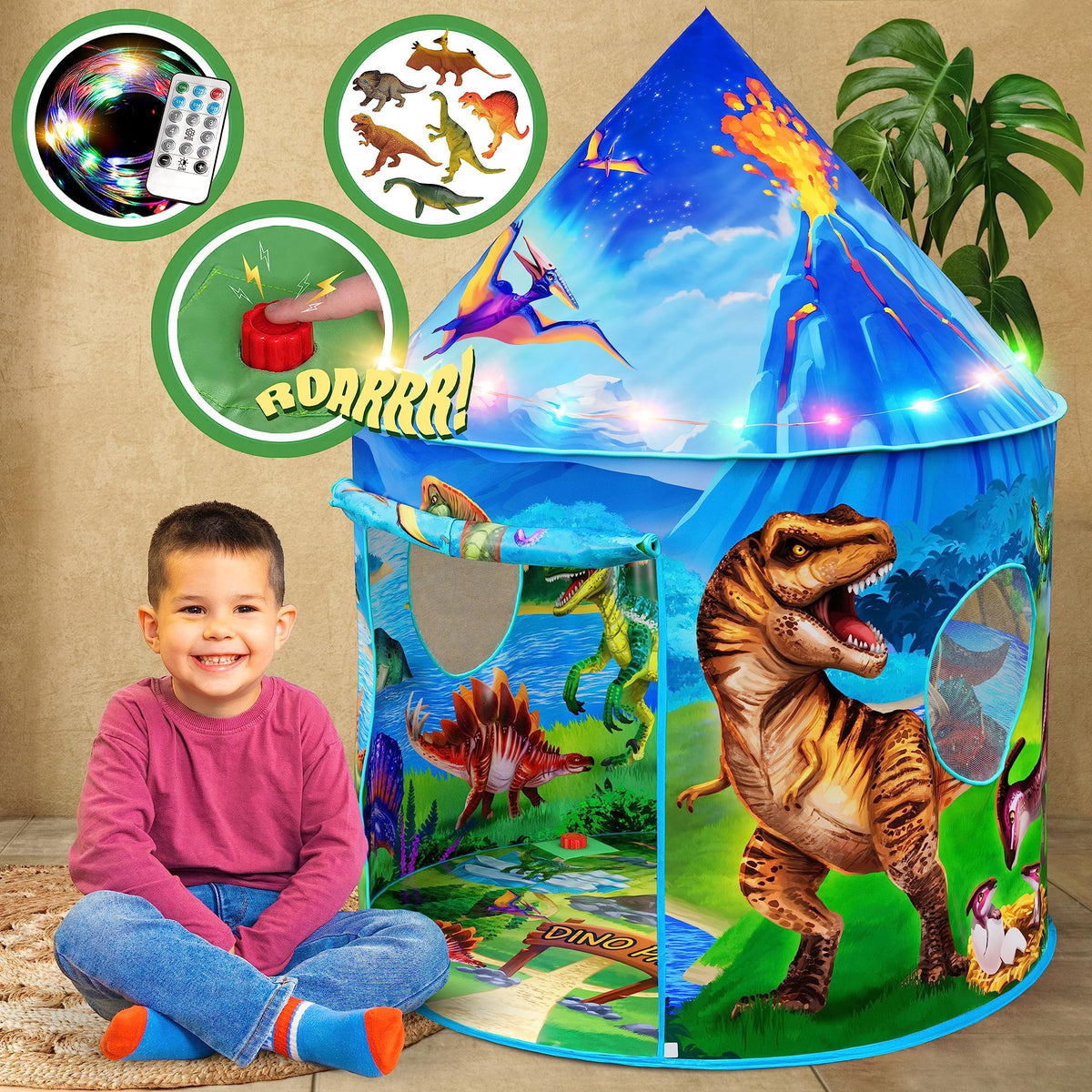 W&O Dino Paradise tent with roar button for engaging dinosaur play indoors