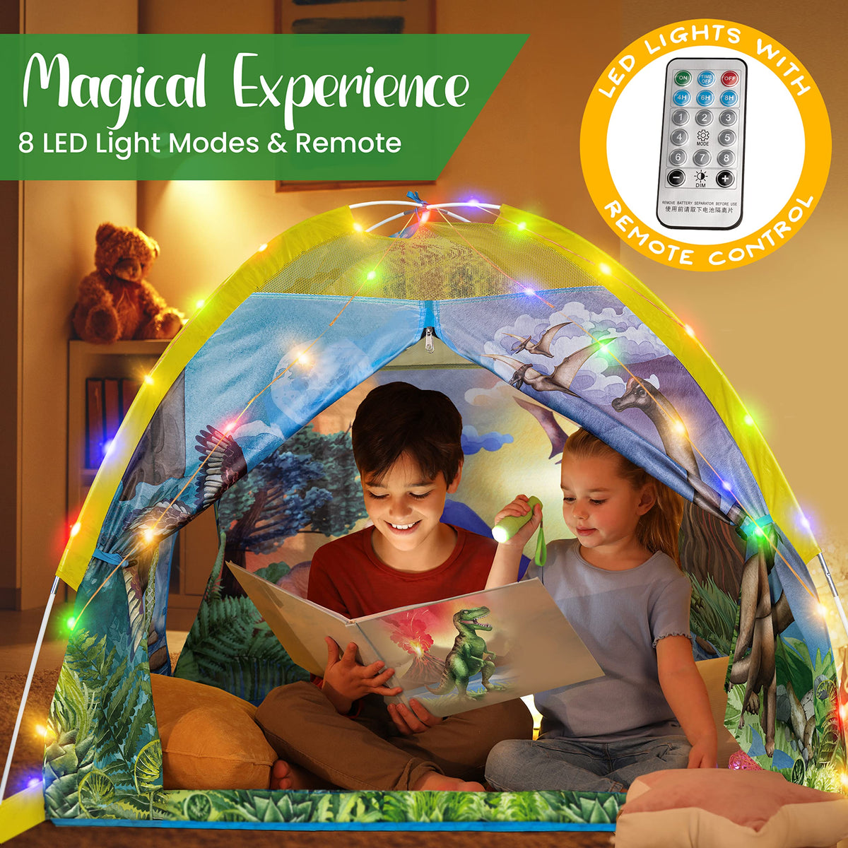 LED lights glow around the entrance for a cozy, magical feel.