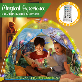 LED lights glow around the entrance for a cozy, magical feel.
