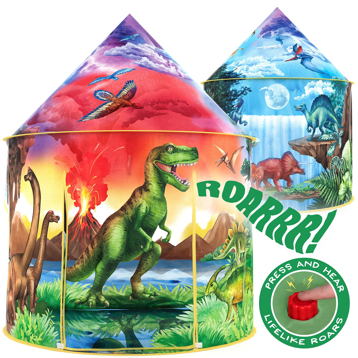 W&O Dinosaur Discovery Play Tent with Roar Button in action for imaginative indoor adventures