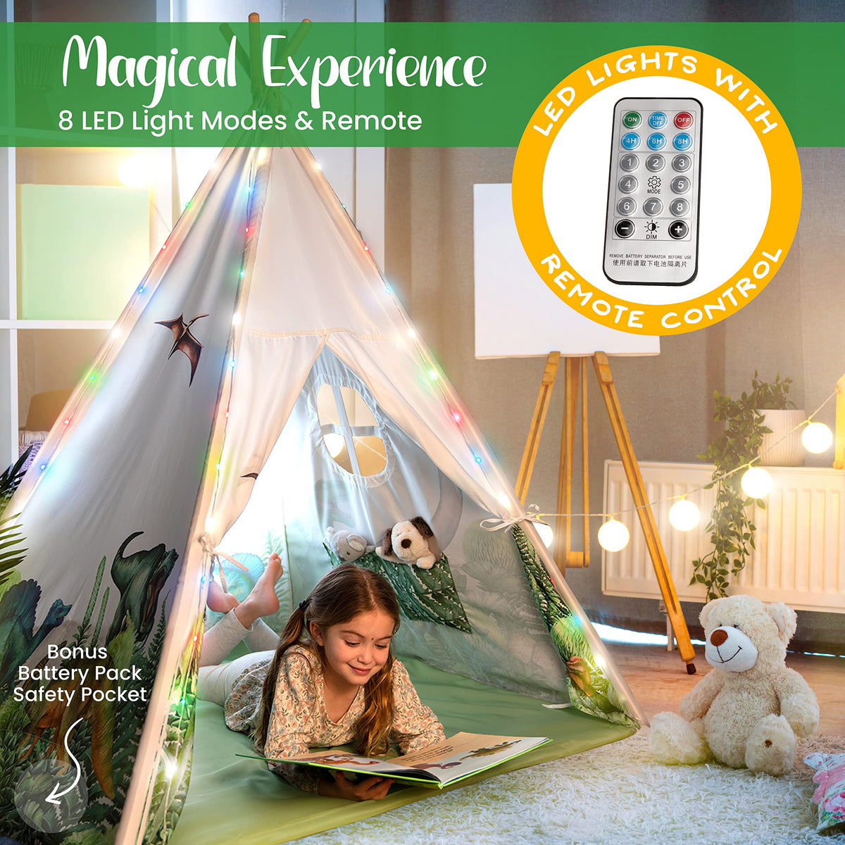 W&O Dinosaur Discovery Teepee LED lights create a magical reading nook