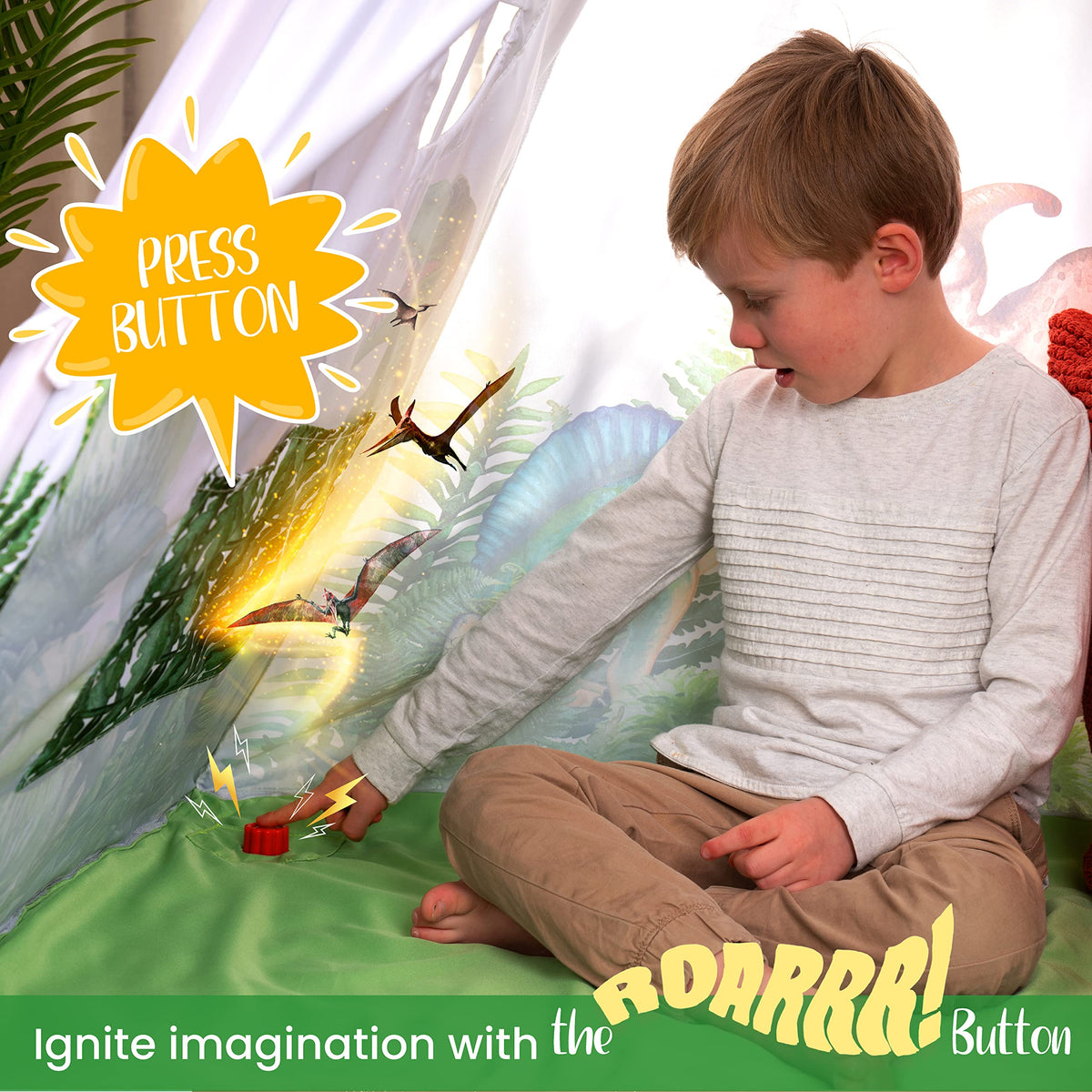 W&O Dinosaur Discovery Teepee plush mat provides a soft cozy floor for kids