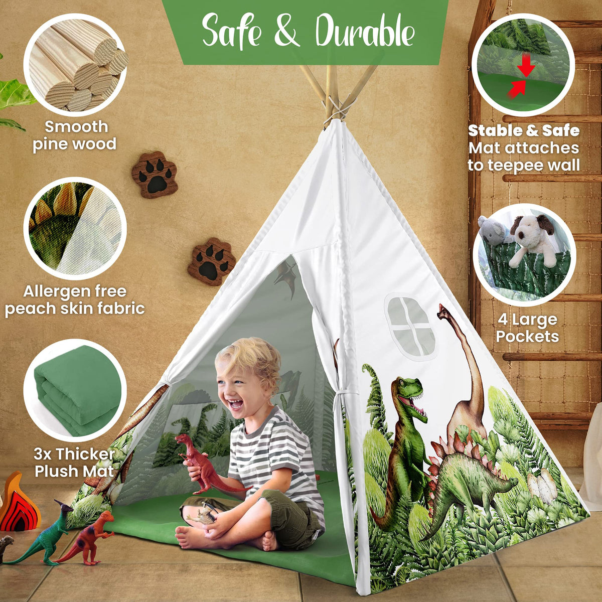 W&O Dinosaur Discovery Teepee sturdy pine frame keeps structure stable during active play