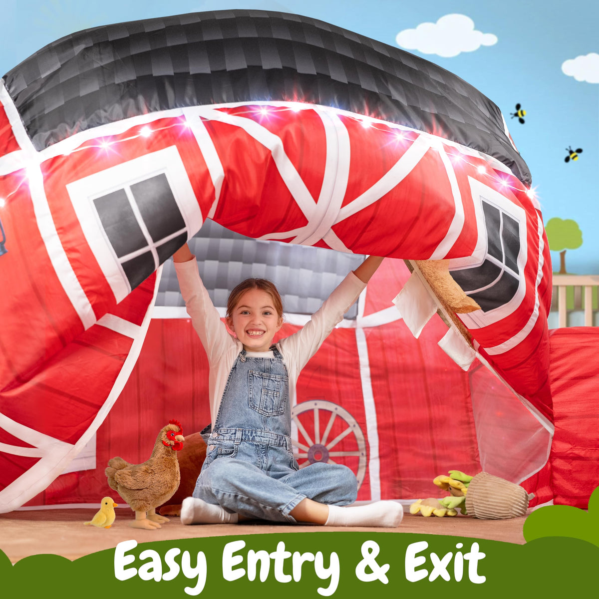 Farm sound button on the W&O Barn Aerodome brings barnyard noises to life.