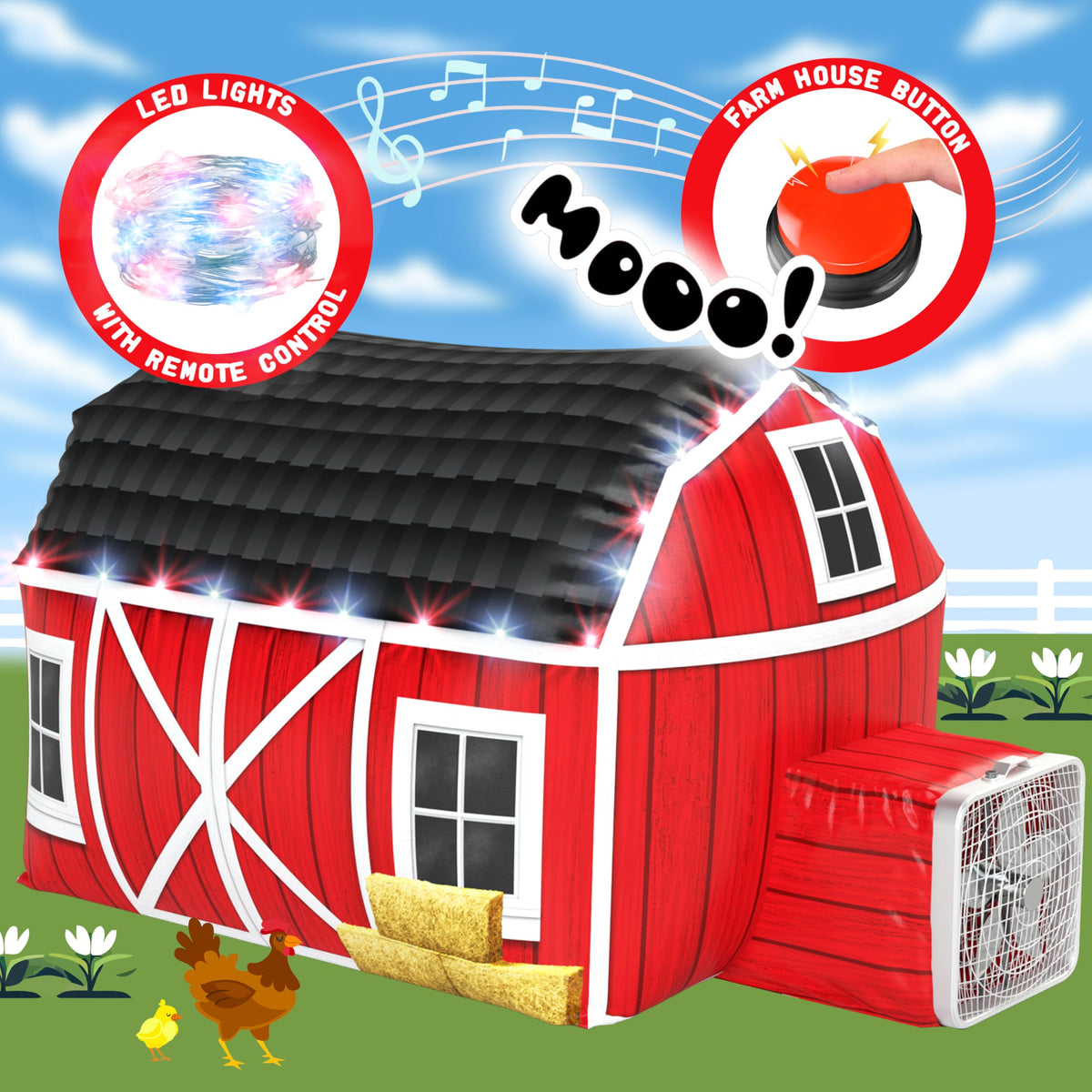 W&O Farmhouse Barn Aerodome ready for instant indoor play with quick fan setup.