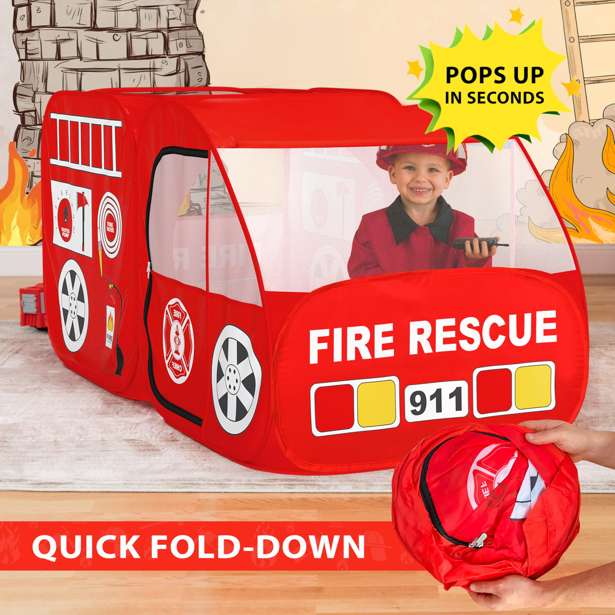 W&O Fire Truck Play Tent includes an activity pack for learning and fun.