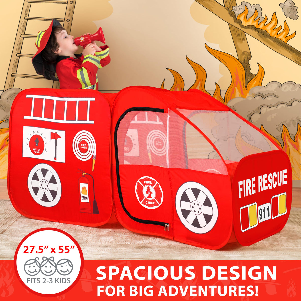 W&O Fire Truck Play Tent offers a spacious 55x53 inch area for 2-3 kids.