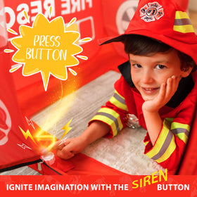 W&O Fire Truck Play Tent firefighter hat included for authentic dress-up play.