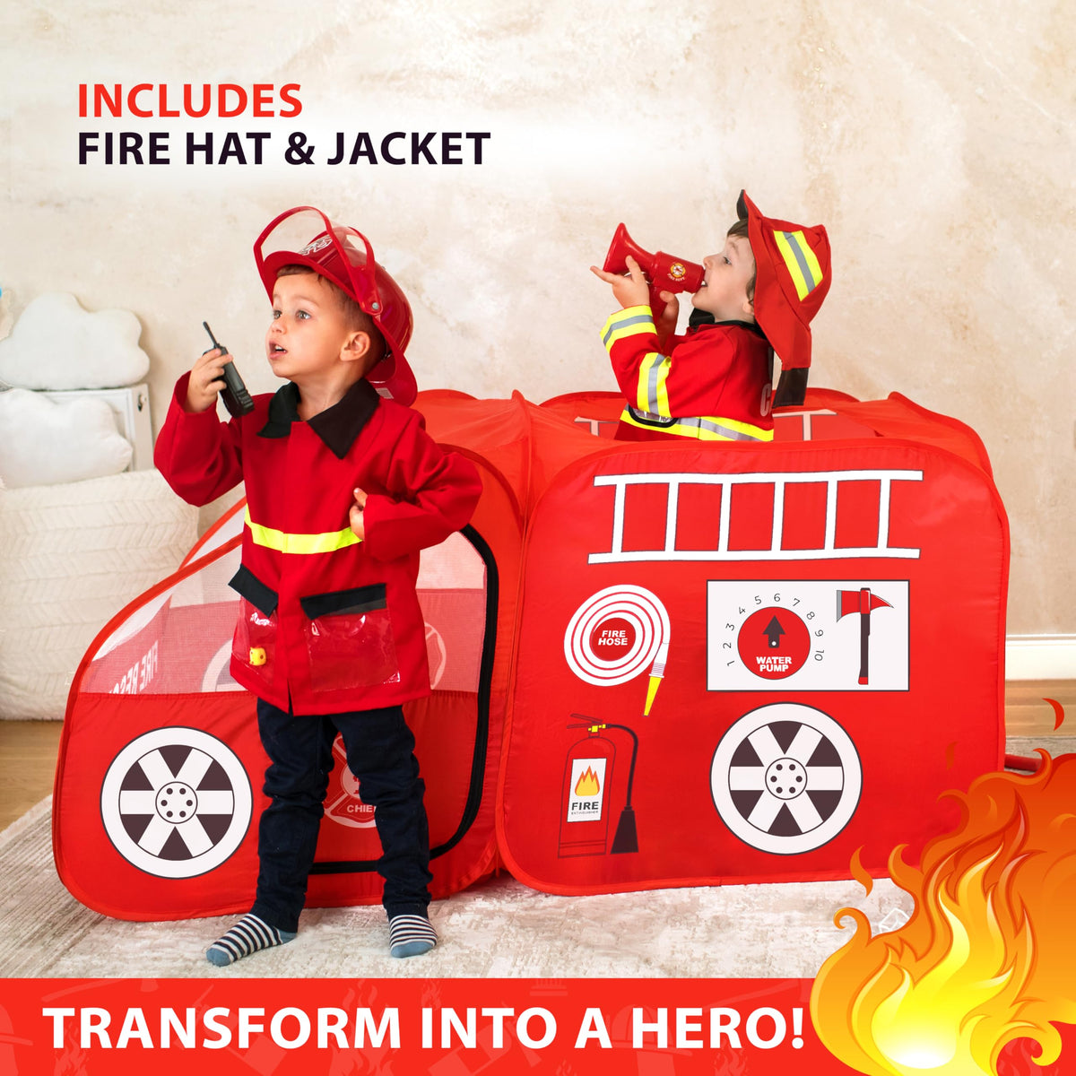 W&O Fire Truck Play Tent jacket completes firefighter role-play outfits.