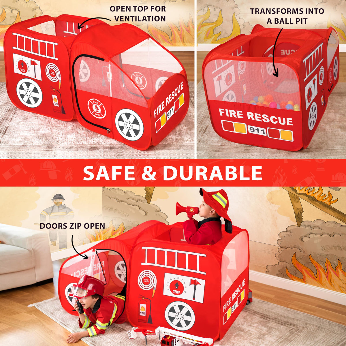 W&O Fire Truck Play Tent hose accessory supports pretend missions.