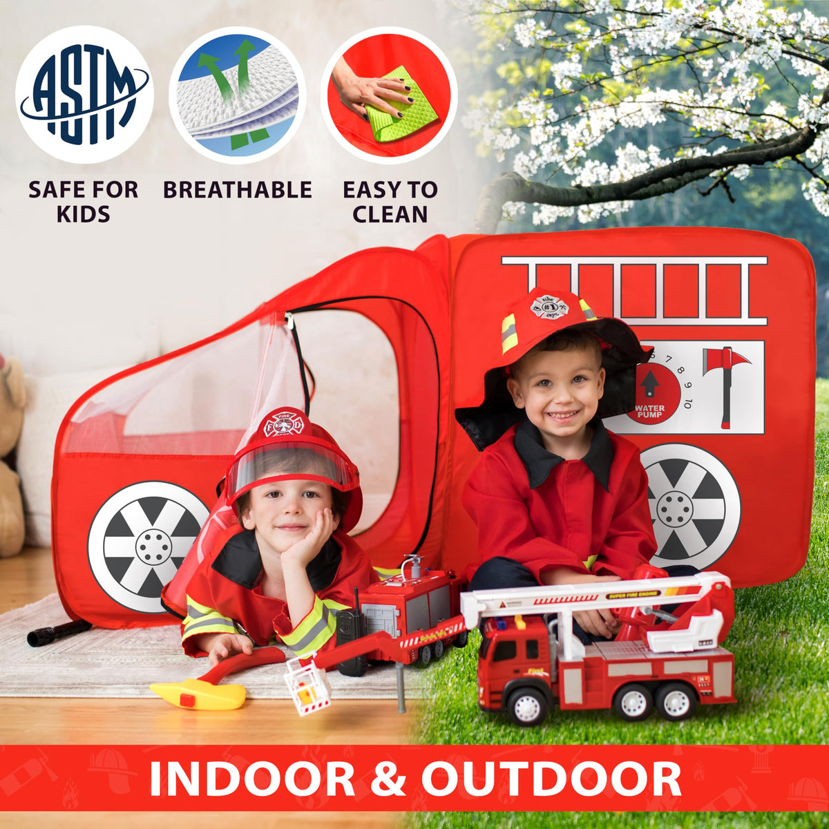 W&O Fire Truck Play Tent pops up quickly for indoor or outdoor fun.