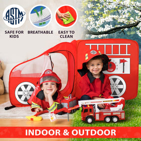 W&O Fire Truck Play Tent pops up quickly for indoor or outdoor fun.