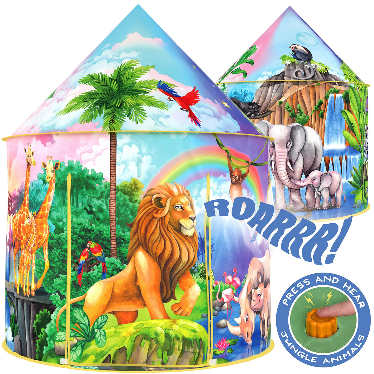 W&O Jungle Adventure Tent pop-up setup for quick indoor or outdoor play.